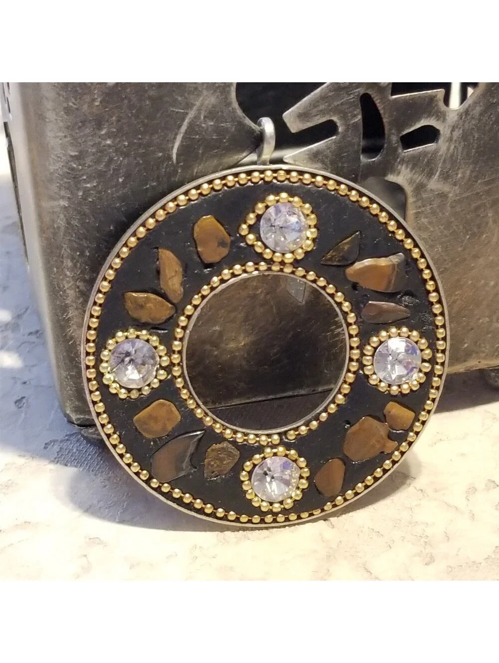 Tribal Kashmiri Lac Tigereye Gemstone Metal 58mm Round Handcrafted Pendant India